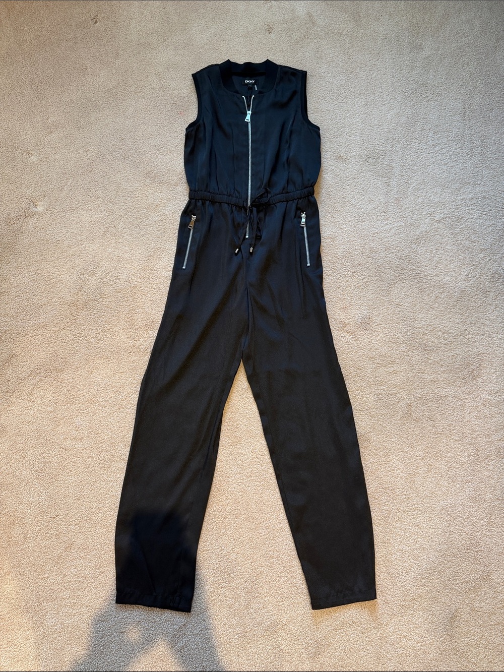 DKNY Black Sleeveless Zip-Front Jumpsuit with Drawstring Waist